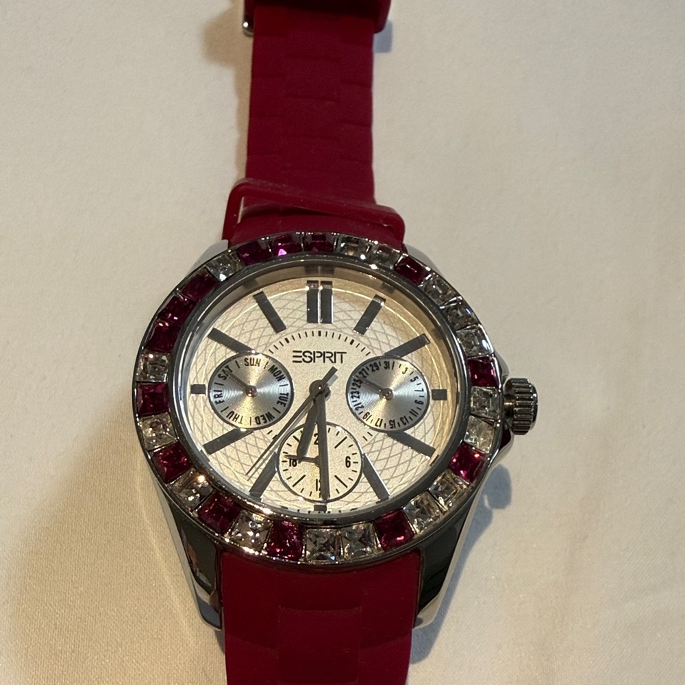 Esprit Pink/Red and Silver Watch with Pink Crystal Accents